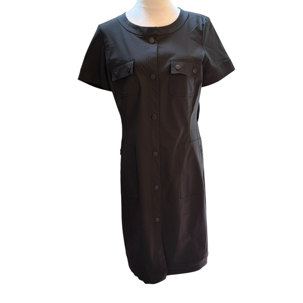 NWT‎ Zenobia Black Snap Front Utility Dress Short Sleeve Pockets 608H43/01 Sz 10